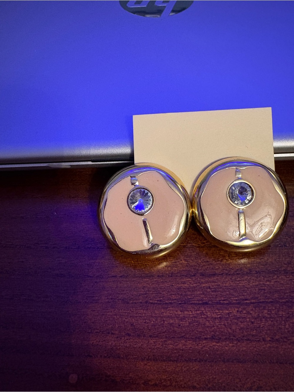Gold-Tone Pink Enamel Circle Clip Earrings with Crystal Accent